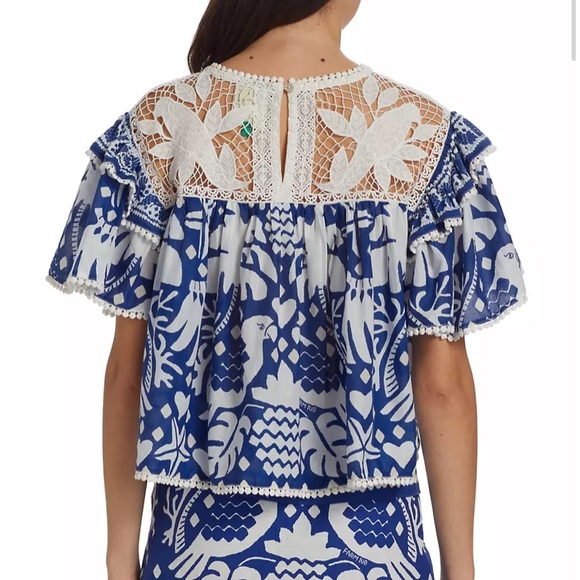 FARM RIO Navy Blue Jungle Scarf Lace Ruffle Sleeve Blouse - Picture 8 of 16